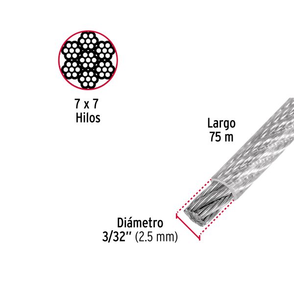 CABLE RIGIDO 3/32" ACERO 7 X 7 RECUBIERTO PVC X 75 M FIERO - Imagen 2