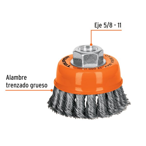 GRATA COPA 3" ALAMBRE TRENZADO GRUESO EJE 5/8"-11 TRUPER - Imagen 2
