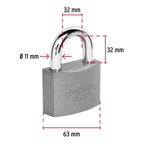 CANDADO DE HIERRO 63 MM GANCHO CORTO EN CAJA HERMEX - Imagen 2