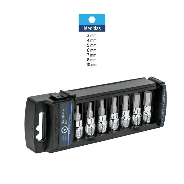 JUEGO DE 7 COPAS CUADRO 3/8" PUNTA HEXAGONAL METRICAS TRUPER - Imagen 2