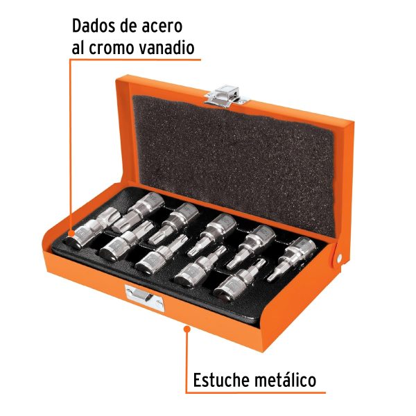 JUEGO DE 10 COPAS CUADRO 3/8" PUNTA TORX ESTUCHE METALICO TRUPER - Imagen 2