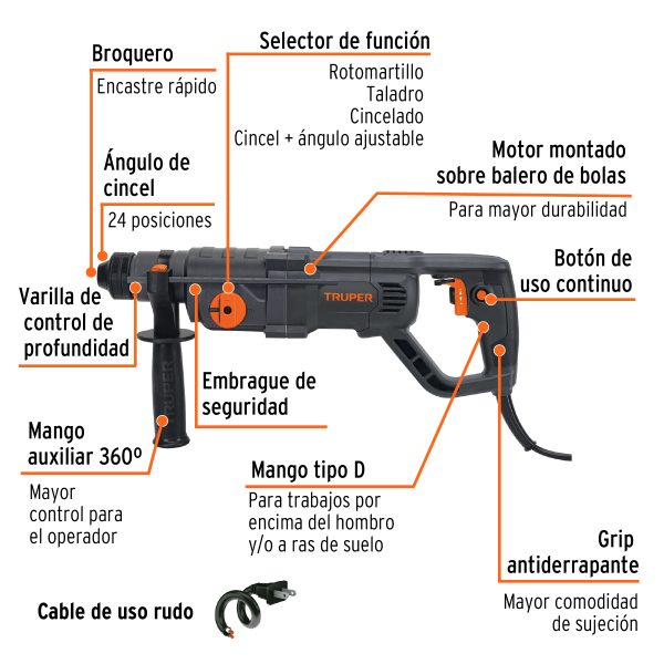 ROTOMARTILLO SDS PLUS MANGO D 3.5 JOULES 800 W INDUSTRIAL TRUPER - Imagen 2