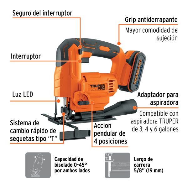 SIERRA CALADORA INALAMBRICA 20 V 1 BATERIA 2 AH TRUPER PRO - Imagen 2