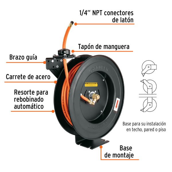 MANGUERA PARA COMPRESOR DE HULE 15 M X 3/8" CARRETE RETRACTIL TRUPER - Imagen 2