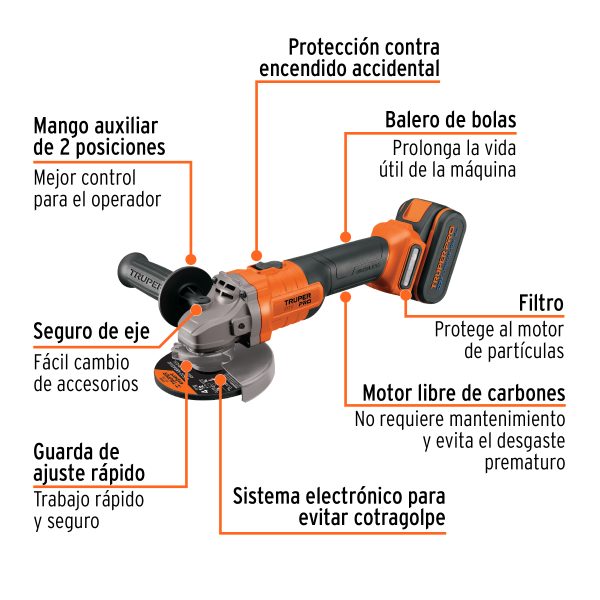 PULIDORA 4-1/2" 20 V 1 BATERIA 4 AH TRUPER PRO - Imagen 2