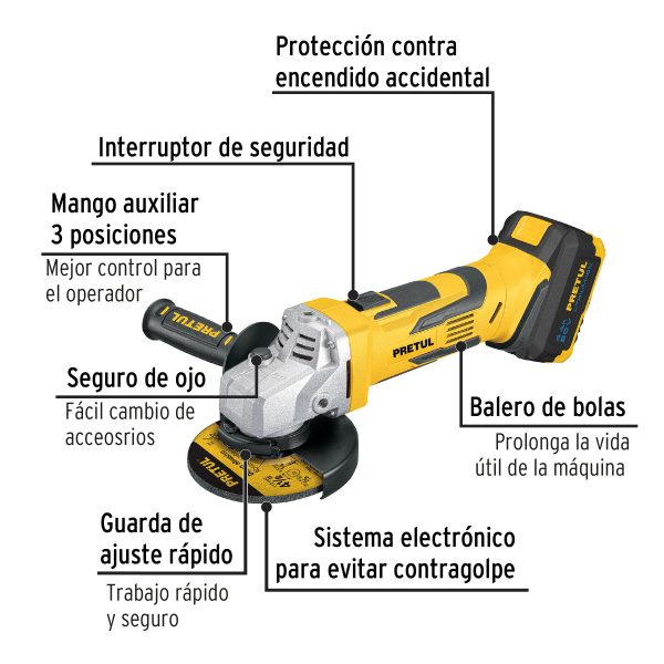 PULIDORA INALAMBRICA 4-1/2" 20 V 1 BATERIA 4 AH PRETUL - Imagen 2
