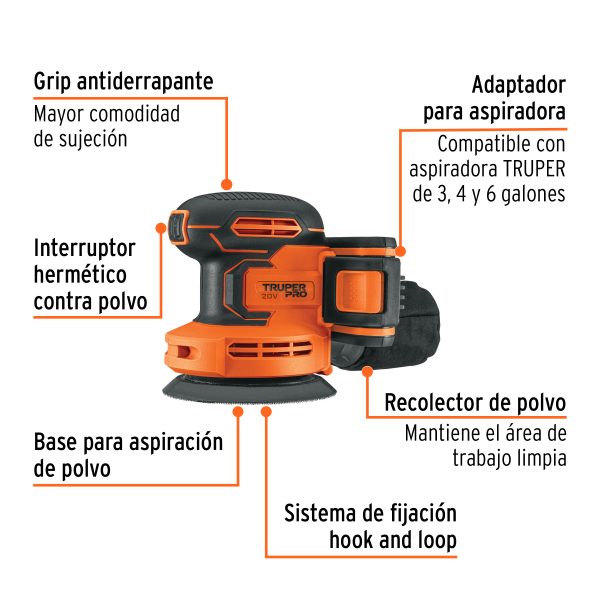 LIJADORA ROTO-ORBITAL INALAMBRICA 5" 20 V 1 BATERIA 2 AH TRUPER PRO - Imagen 2