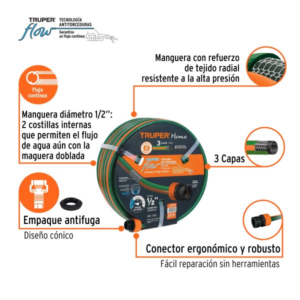 MANGUERA REFORZADA 3 CAPAS 1/2″ CON CONEXIONES X 25 METROS TRUPER - Imagen 2