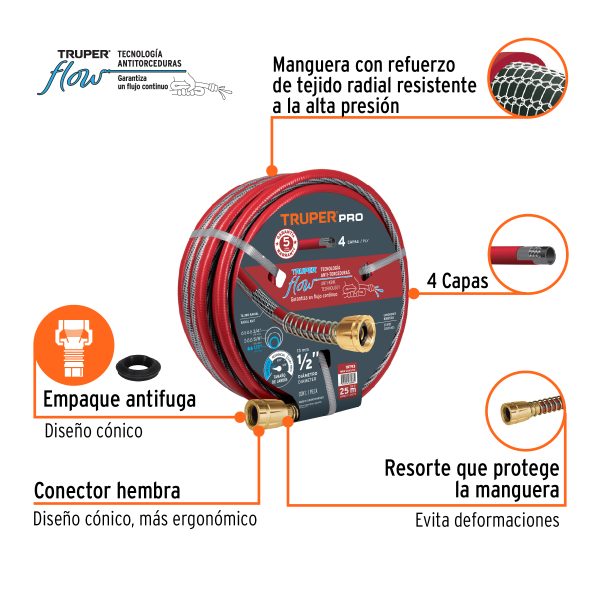 MANGUERA 1/2″ SUPER REFORZADA 4 CAPAS CONEXIONES METAL 25 M TRUPER - Imagen 2