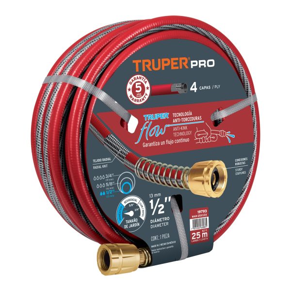 MANGUERA 1/2″ SUPER REFORZADA 4 CAPAS CONEXIONES METAL 25 M TRUPER