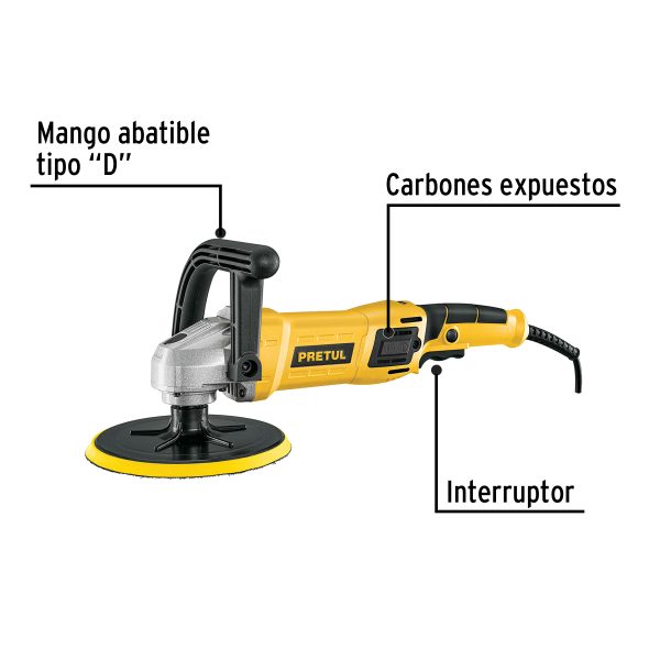 POLICHADORA VELOCIDAD VARIABLE 7" 1200 W C/ ACCESORIOS PRETUL - Imagen 2