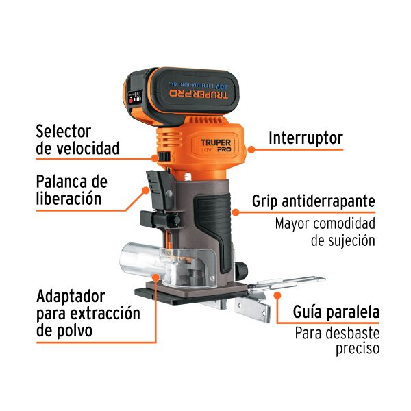 ROUTER ( REBAJADORA ) INALAMBRICA 1/4" 1 BATERIA 4 AH TRUPER PRO - Imagen 2