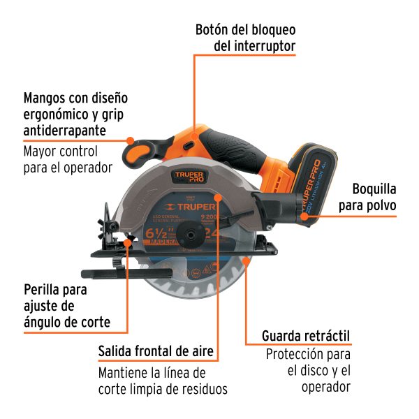 SIERRA CIRCULAR INALAMBRICA 6-1/2" 20 V 1 BATERIA 4 AH TRUPER PRO - Imagen 2