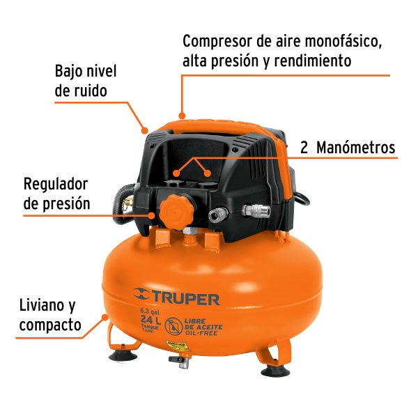 KIT COMPRESOR LIBRE DE ACEITE 24 L MANGUERA Y PISTOLA TRUPER - Imagen 2