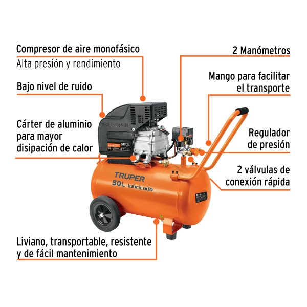 COMBO DE COMPRESOR DE 50 L MANGUERA Y PISTOLA DE GRAVEDAD TRUPER - Imagen 2