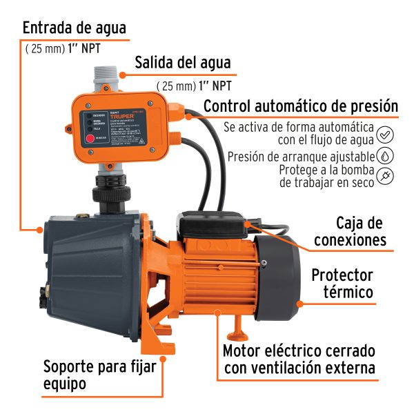 BOMBA PRESURIZADORA JET HIERRO 1/2 HP CON CONTROL TRUPER - Imagen 2