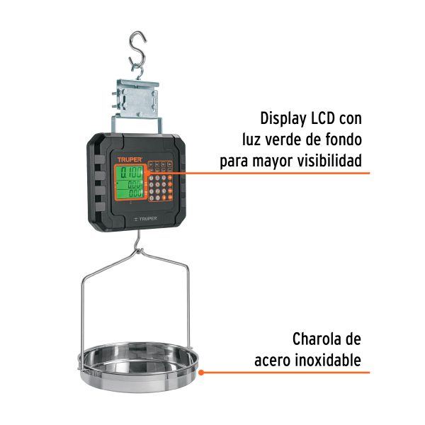 BASCULA ELECTRONICA COLGANTE RECARGABLE CON CHAROLA 40 KG TRUPER - Imagen 2