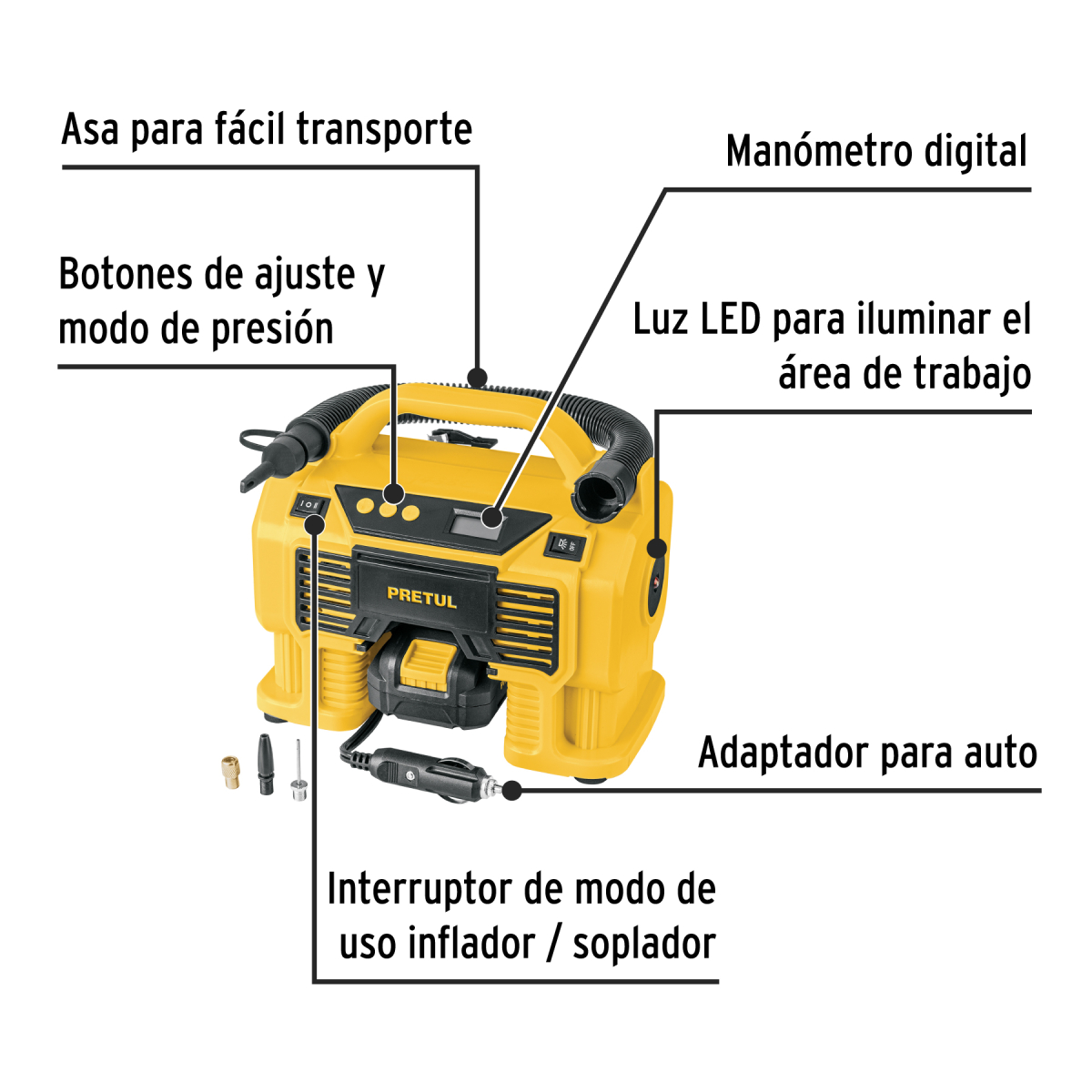 INFLADOR / SOPLADOR PARA AUTO 20 V 1 BATERIA 2 AH PRETUL - Imagen 2