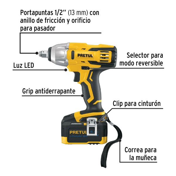 LLAVE DE IMPACTO 1/2" 20 V 1 BATERIA 4 AH PRETUL - Imagen 2