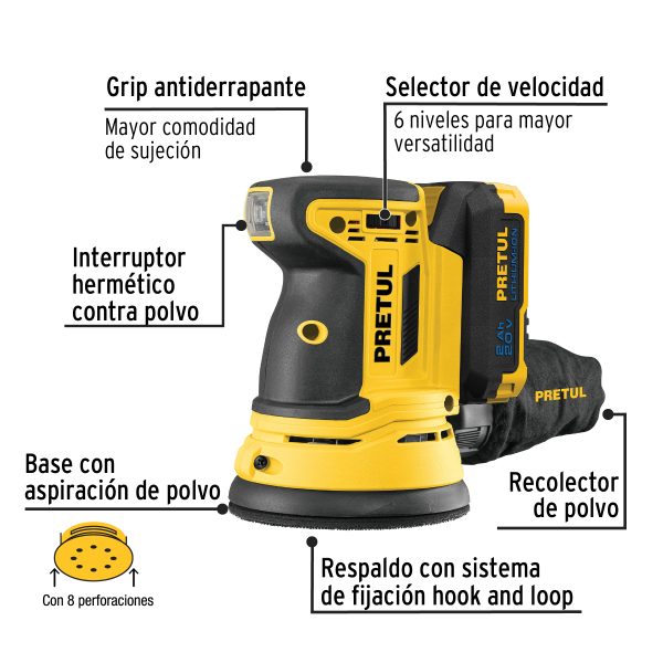 LIJADORA ROTO - ORBITAL 5" 20 V 1 BATERIA 2 AH PRETUL - Imagen 2