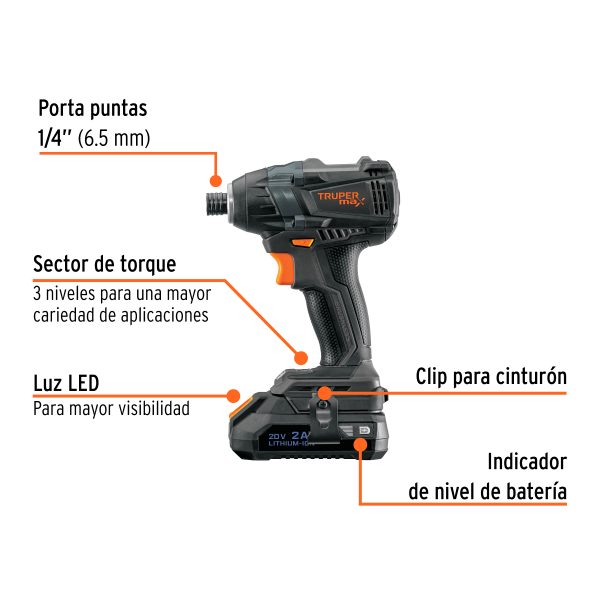 ATORNILLADOR DE IMPACTO 1/4" 20 V 2 BATERIAS 2 AH TRUPER MAX - Imagen 3