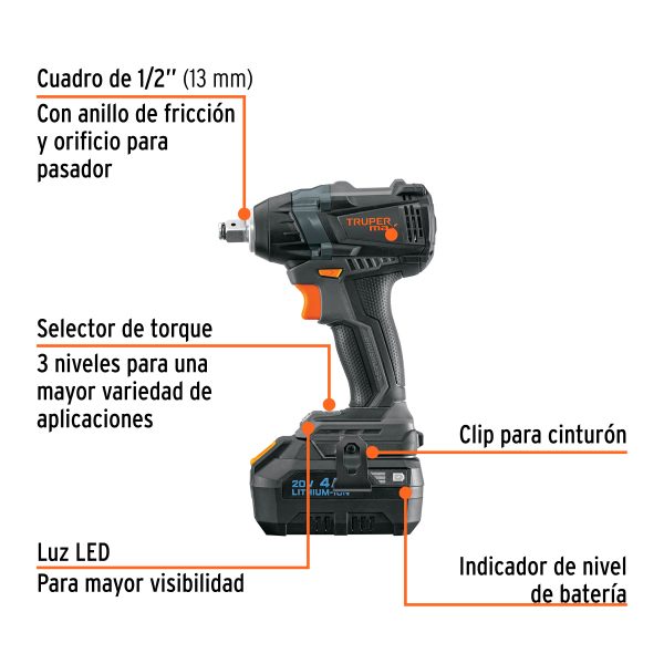 LLAVE DE IMPACTO 1/2" 20 V 1 BATERIA 4 AH TRUPER MAX - Imagen 3