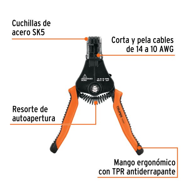 PINZA 6.5" PELA CABLES AUTOMATICA 14 A 10 AWG TRUPER - Imagen 2