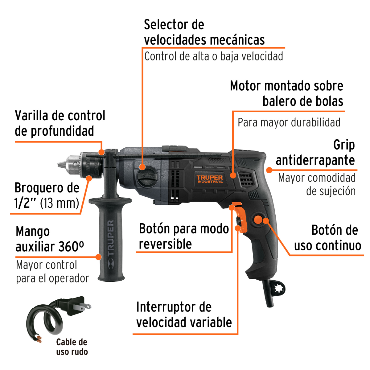 TALADRO 1/2" 800 W DOS VELOCIDADES TRUPER INDUSTRIAL - Imagen 2