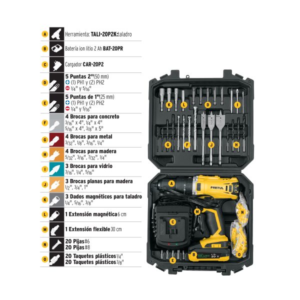 KIT TALADRO 1/2" 20 V 1 BATERIA 2 AH 32 ACCESORIOS PRETUL - Imagen 3