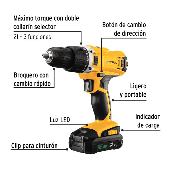 KIT TALADRO 1/2" 20 V 1 BATERIA 2 AH 32 ACCESORIOS PRETUL - Imagen 2