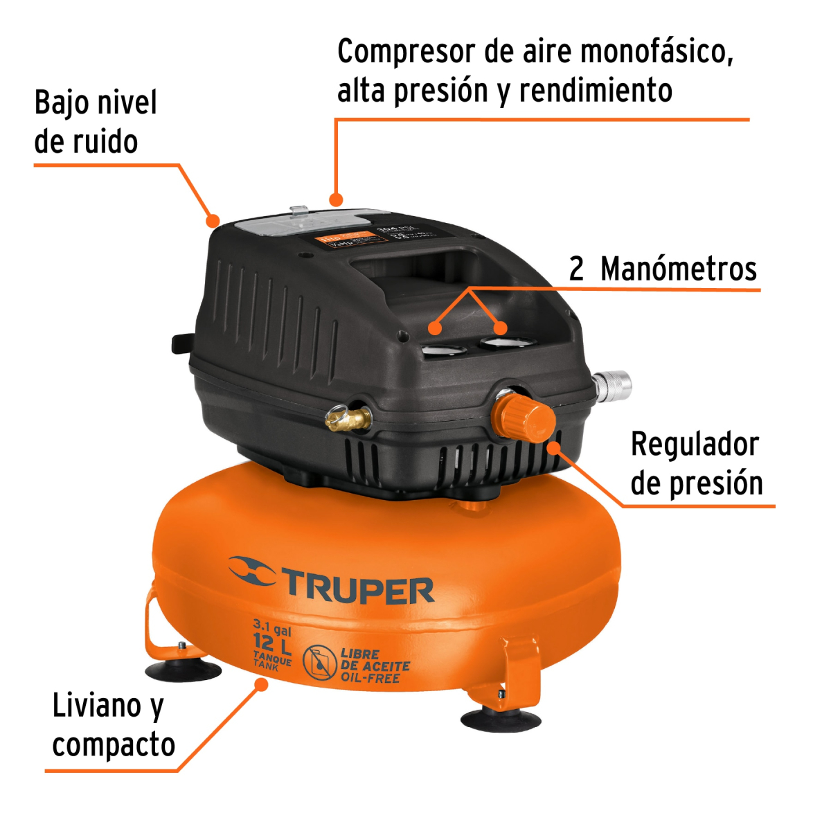 COMPRESOR LIBRE DE ACEITE 12 L 1 HP 127 V TRUPER - Imagen 2