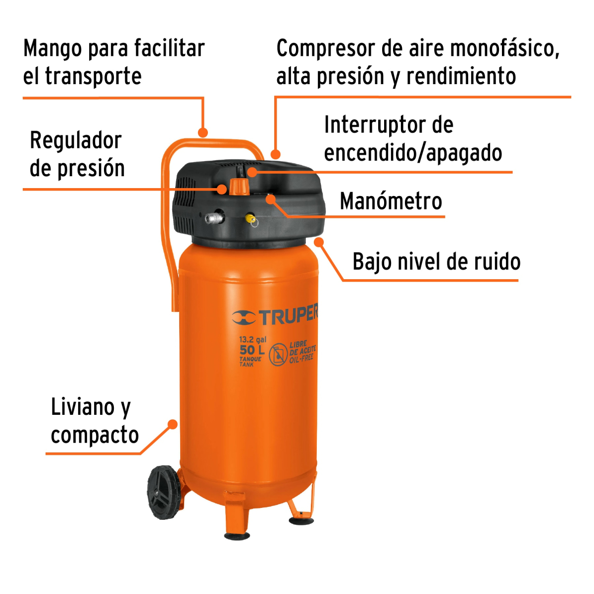 COMPRESOR LIBRE DE ACEITE 50 L 3 HP VERTICAL 127 V TRUPER - Imagen 2