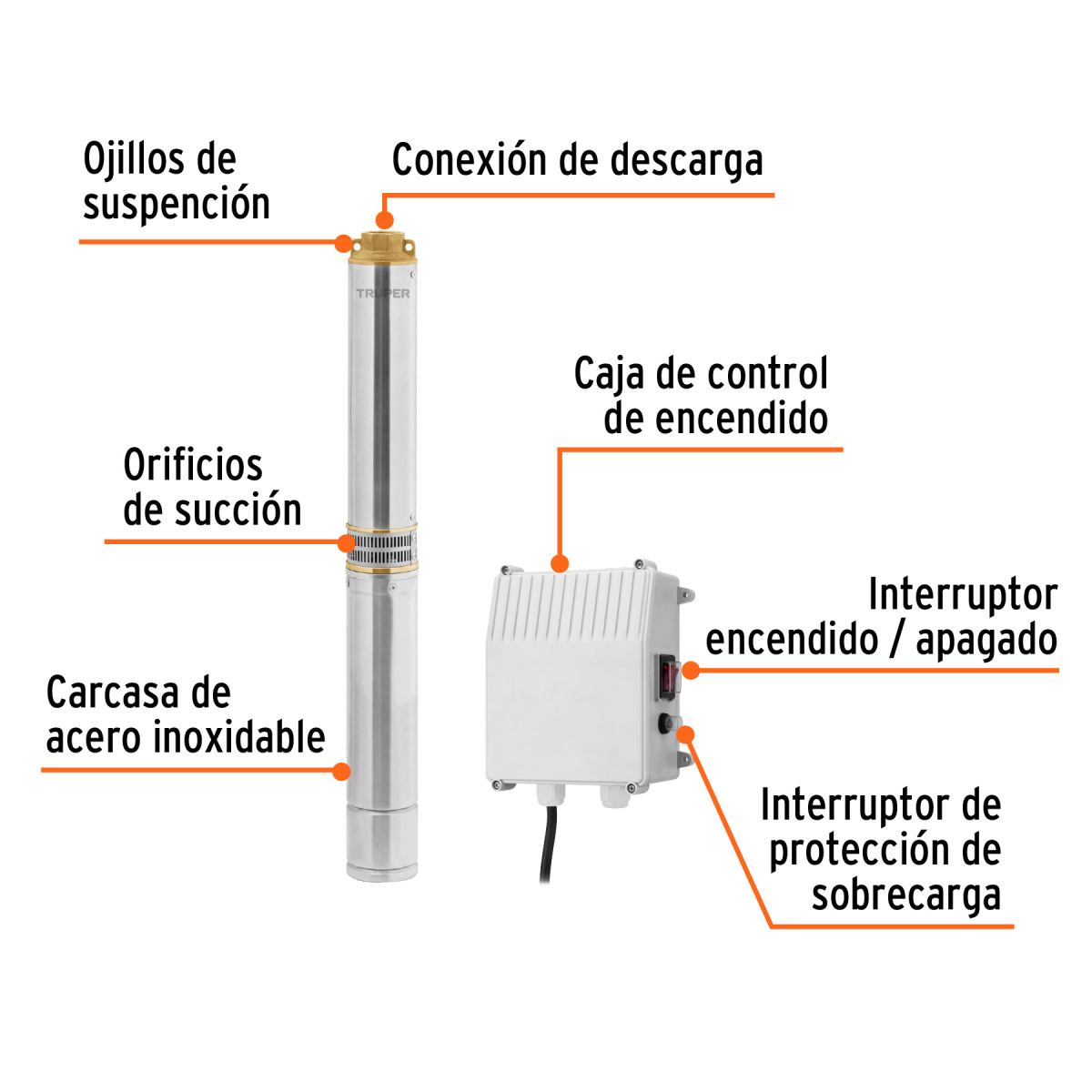 BOMBA SUMERGIBLE TIPO BALA 1-1/2 HP AGRICOLA 220 V TRUPER - Imagen 2