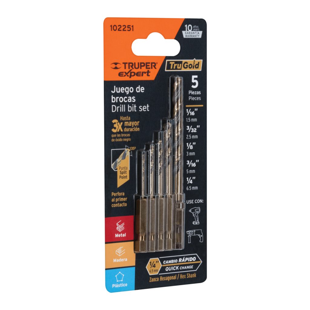 JUEGO DE 5 BROCAS HSS PARA METAL ZANCO CAMBIO RAPIDO TRUPER EXPERT