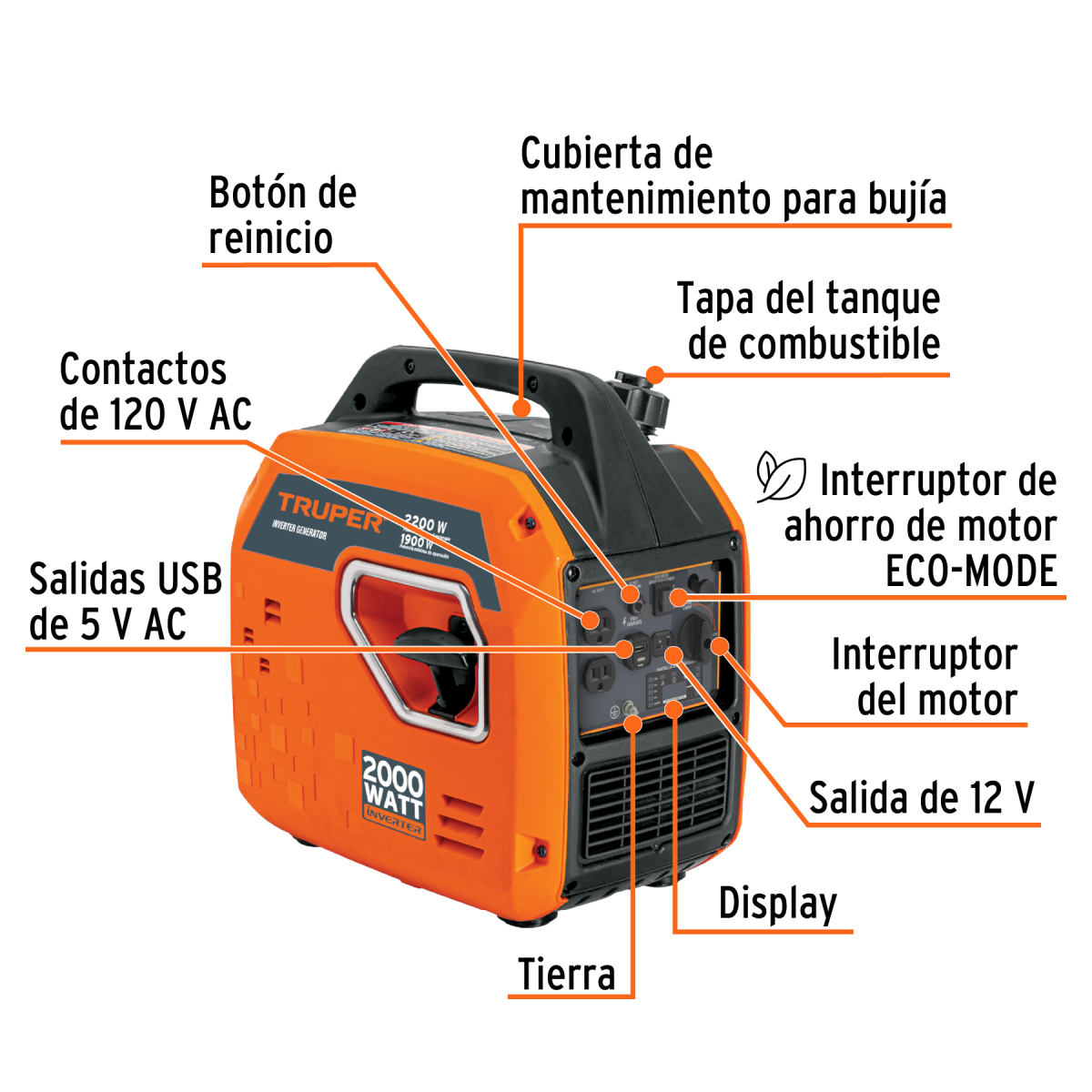 GENERADOR INVERSOR SILENCIOSO 2.2 KV 80 CC ENCENDIDO MANUAL TRUPER - Imagen 2