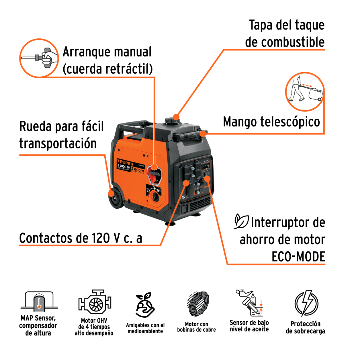 GENERADOR INVERSOR SILENCIOSO 3 KW ENCENDIDO MANUAL TRUPER - Imagen 2