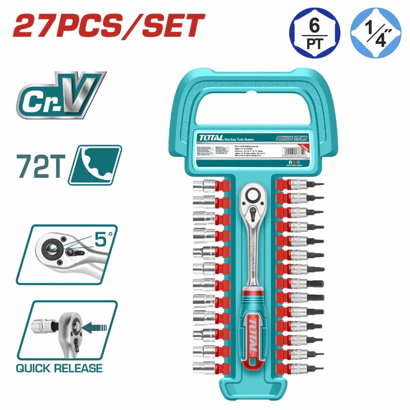 JUEGO 27 PIEZAS 12 COPAS 1/4" 4-14 MM + 14 PUNTAS + RATCHET TOTAL