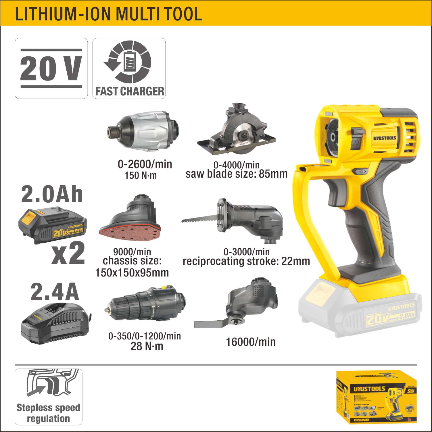 TALADRO MULTIHERRAMIENTA 6 EN 1 INALAMBRICO 20 V UYUSTOOLS - Imagen 2