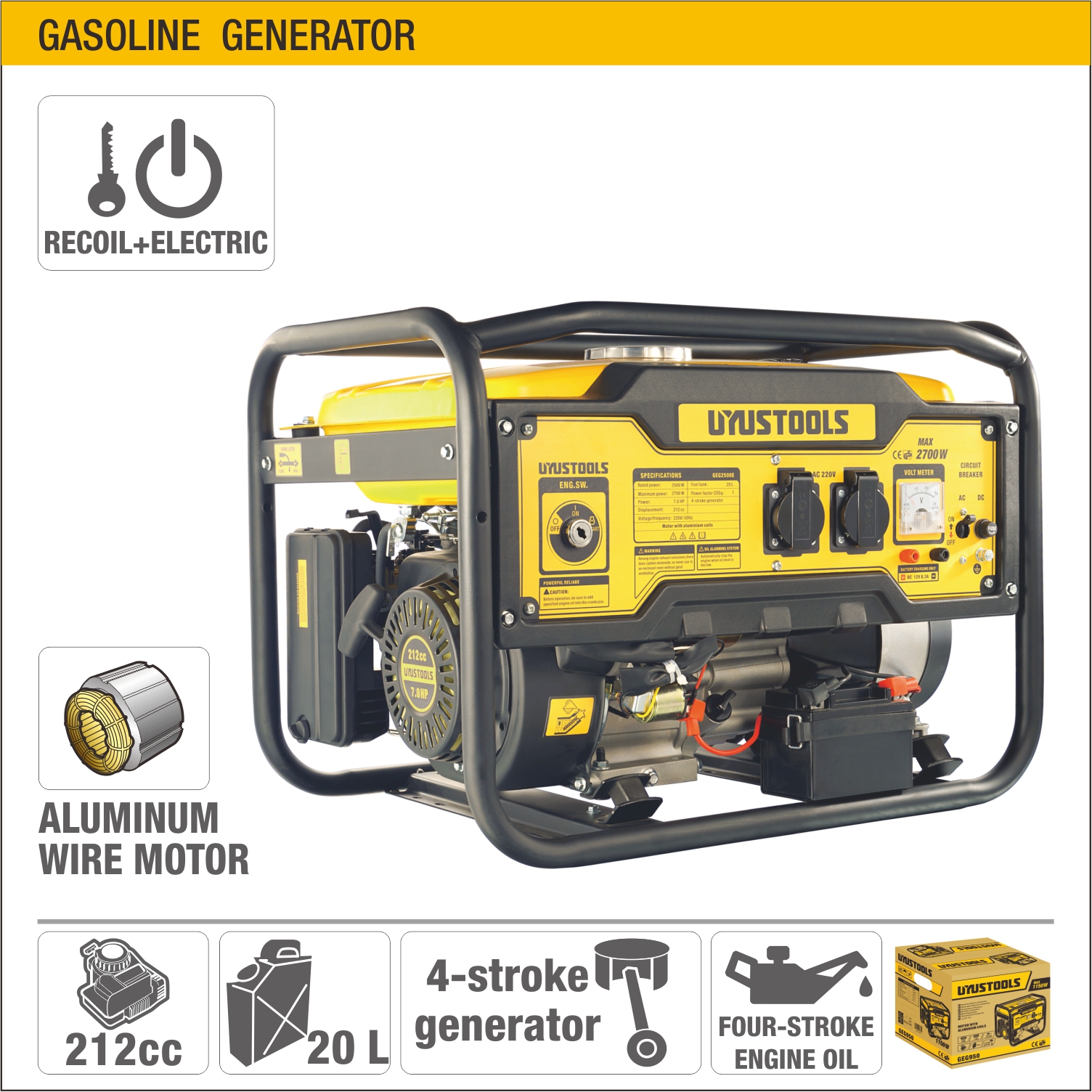 GENERADOR ELECTRICO A GASOLINA CON LLAVE 2500W / 2700 W UYUSTOOLS - Imagen 2