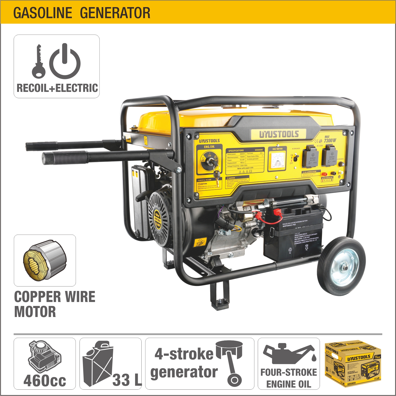 GENERADOR ELECTRICO A GASOLINA CON LLAVE 6800W / 7300 W UYUSTOOLS - Imagen 2