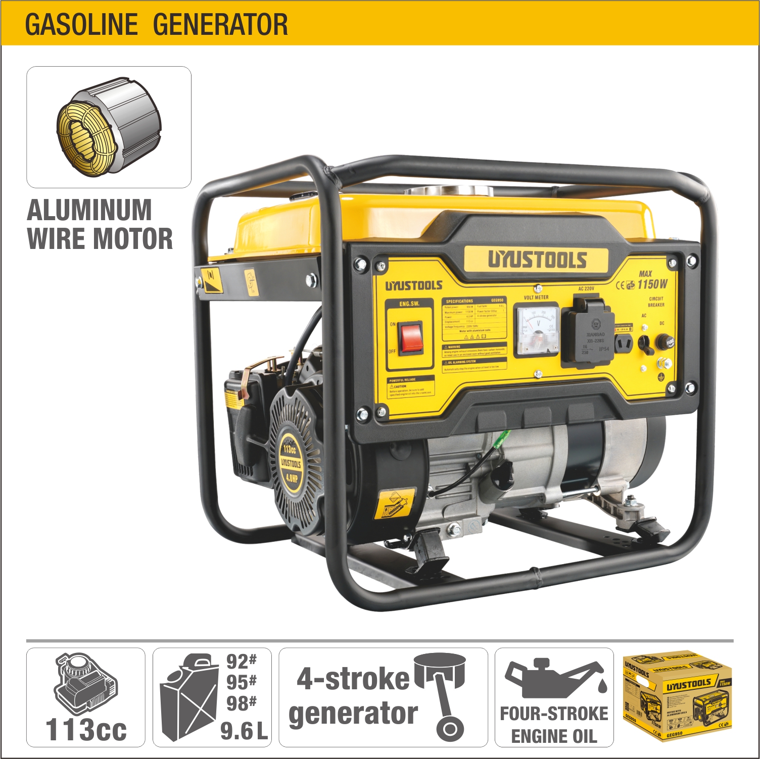 GENERADOR ELECTRICO A GASOLINA 950W / 1150W UYUSTOOLS - Imagen 2