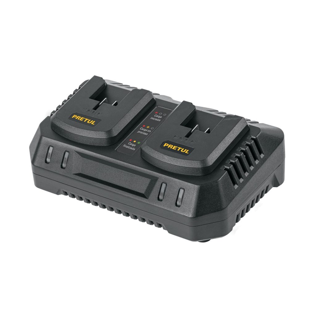 CARGADOR DUAL DE BATERIAS DE ION LITIO 20 V PRETUL