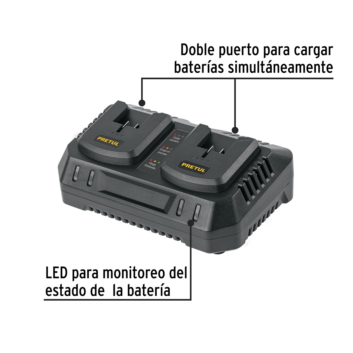 CARGADOR DUAL DE BATERIAS DE ION LITIO 20 V PRETUL - Imagen 2