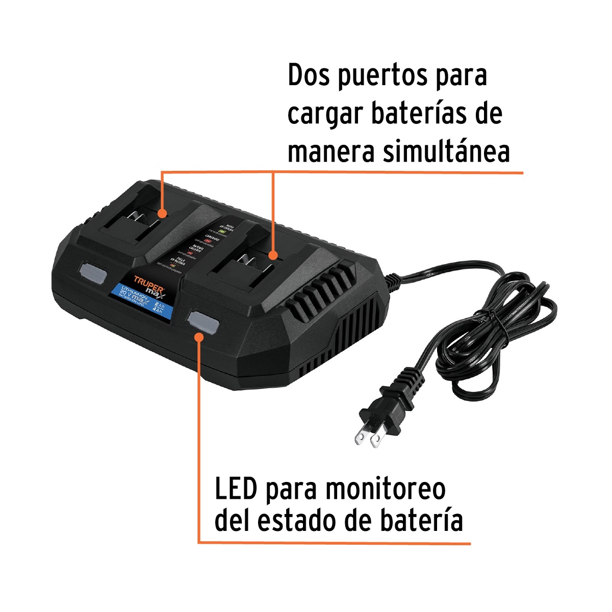 CARGADOR DUAL DE BATERIAS DE ION LITIO 20 V TRUPER MAX - Imagen 2