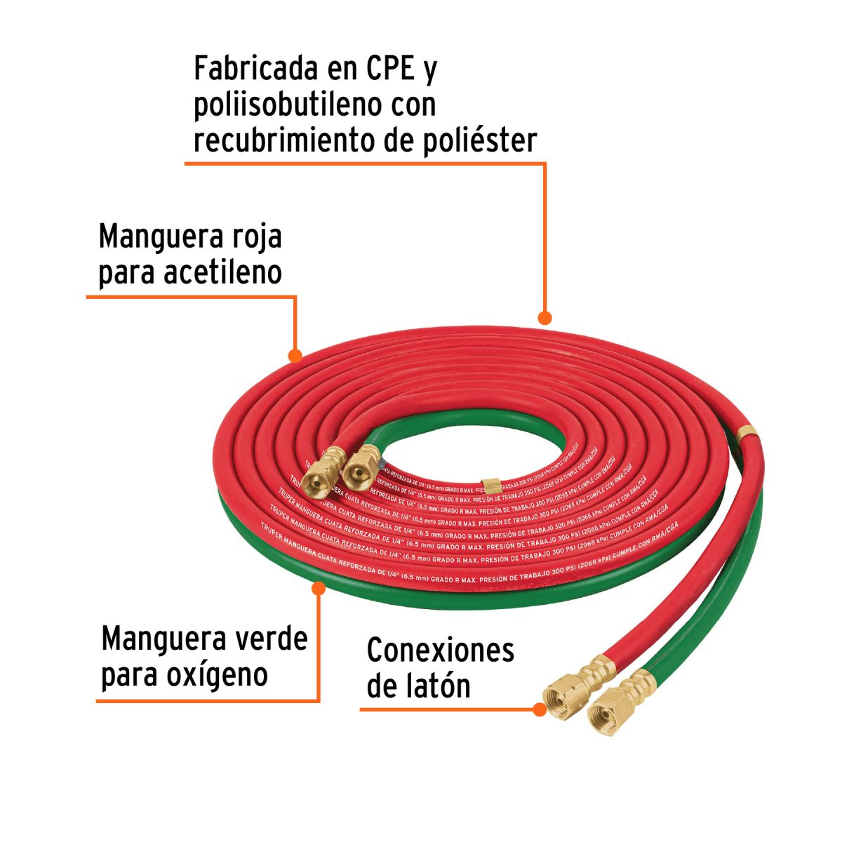 MANGUERA CUATA REFORZADA DE 6 M PARA OXIACETILENO TRUPER - Imagen 2