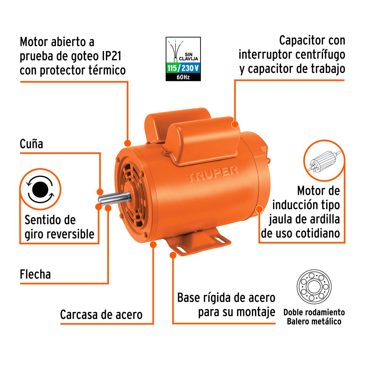 MOTOR ELECTRICO MONOFASICO DE 1-1/2 HP BAJA VELOCIDAD TRUPER - Imagen 2