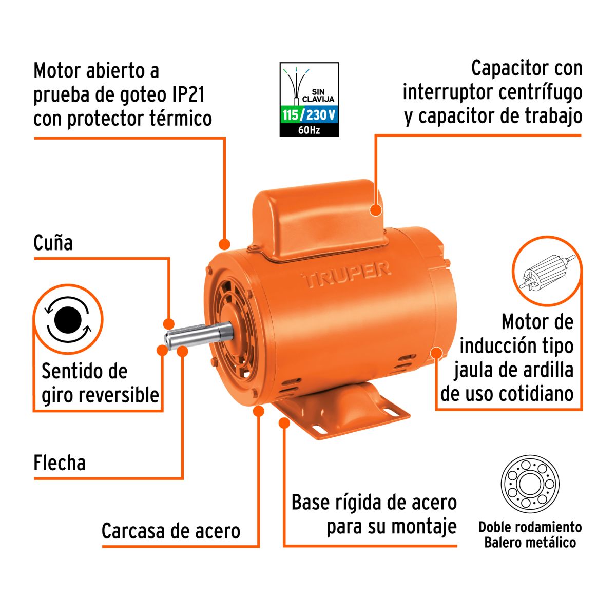MOTOR ELECTRICO MONOFASICO DE 1/2 HP BAJA VELOCIDAD TRUPER - Imagen 2