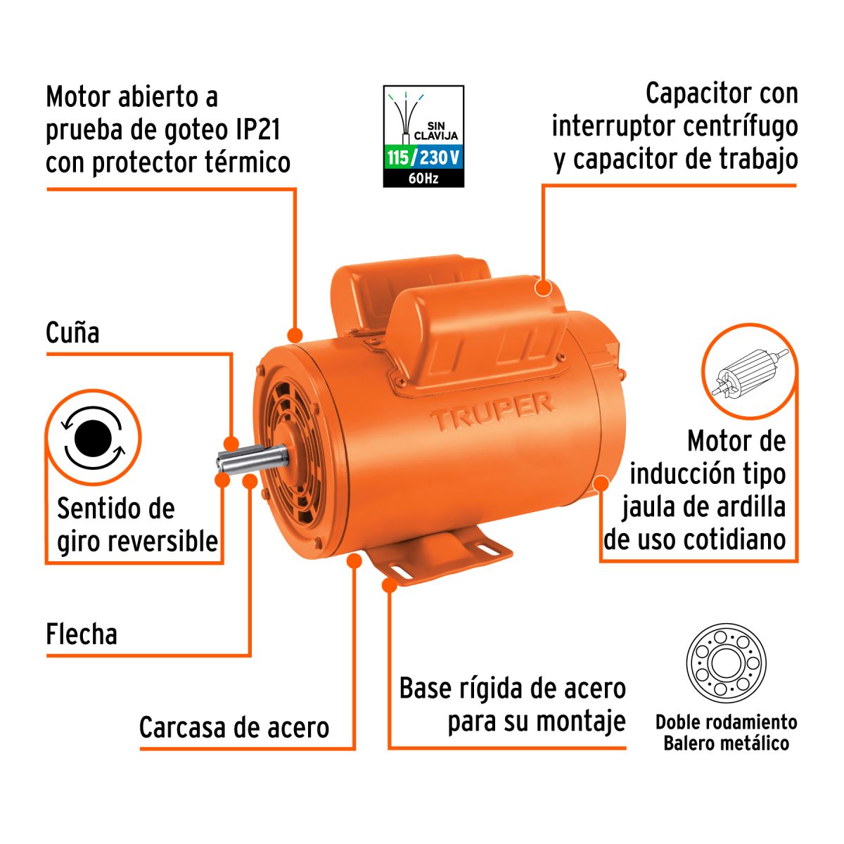 MOTOR ELECTRICO MONOFASICO DE 1/4 HP BAJA VELOCIDAD TRUPER - Imagen 2