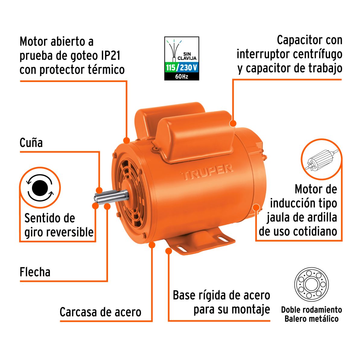 MOTOR ELECTRICO MONOFASICO DE 1 HP BAJA VELOCIDAD TRUPER - Imagen 2