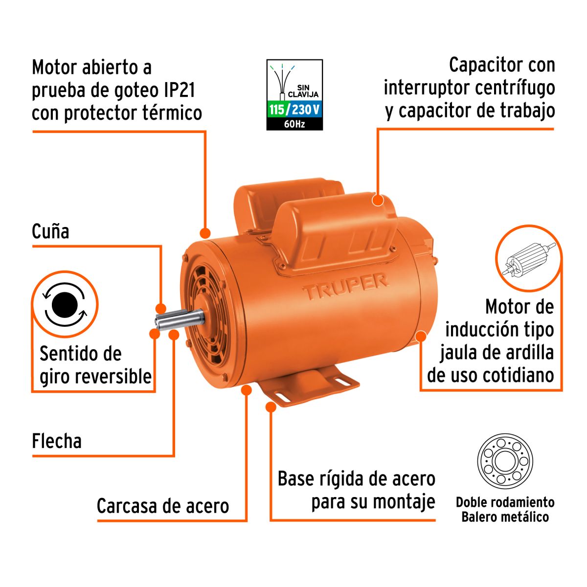 MOTOR ELECTRICO MONOFASICO DE 2 HP BAJA VELOCIDAD TRUPER - Imagen 2